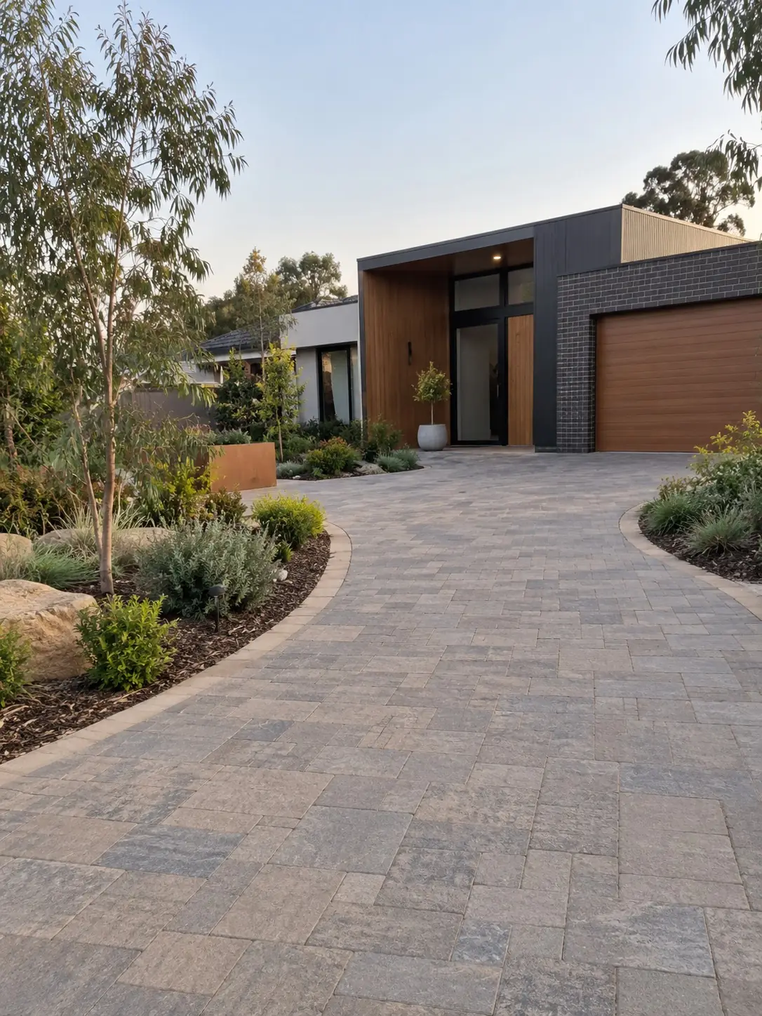 Curved concrete paver driveway edged with native garden beds, Cairns