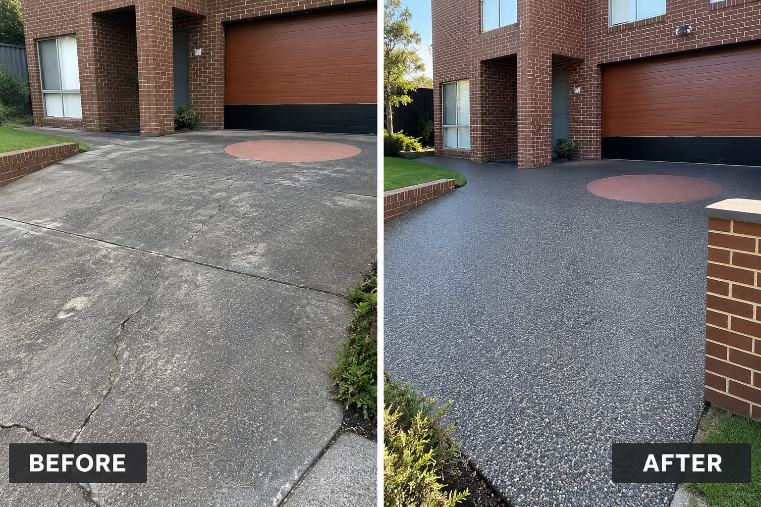 Cairns brick home driveway transformation: tired plain concrete resurfaced in a dark pebble finish