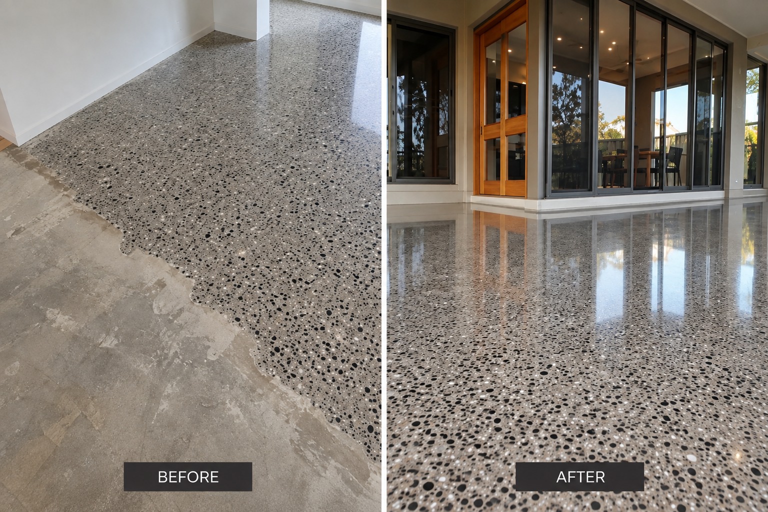 Cairns alfresco transformation: a plain slab ground to expose the aggregate and polished by the glass doors